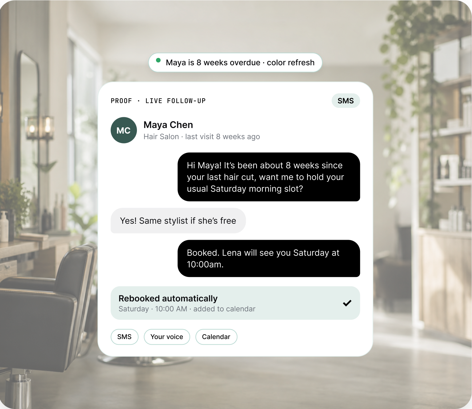 Live follow-up SMS rebooking Maya Chen