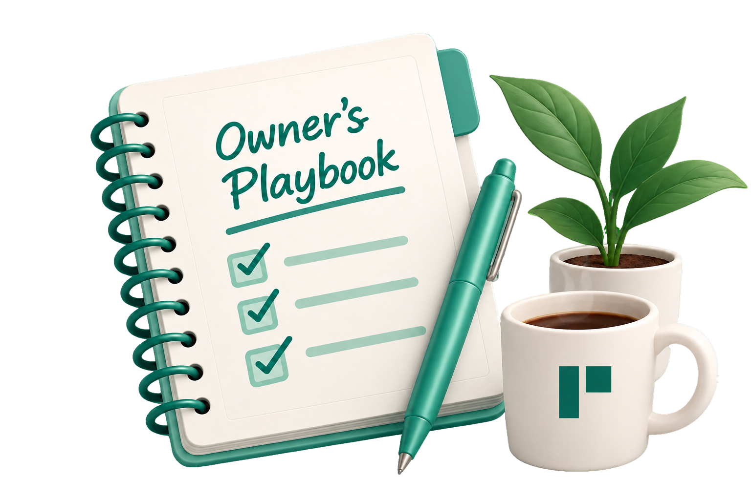 Owner's Playbook notebook, coffee mug, and plant