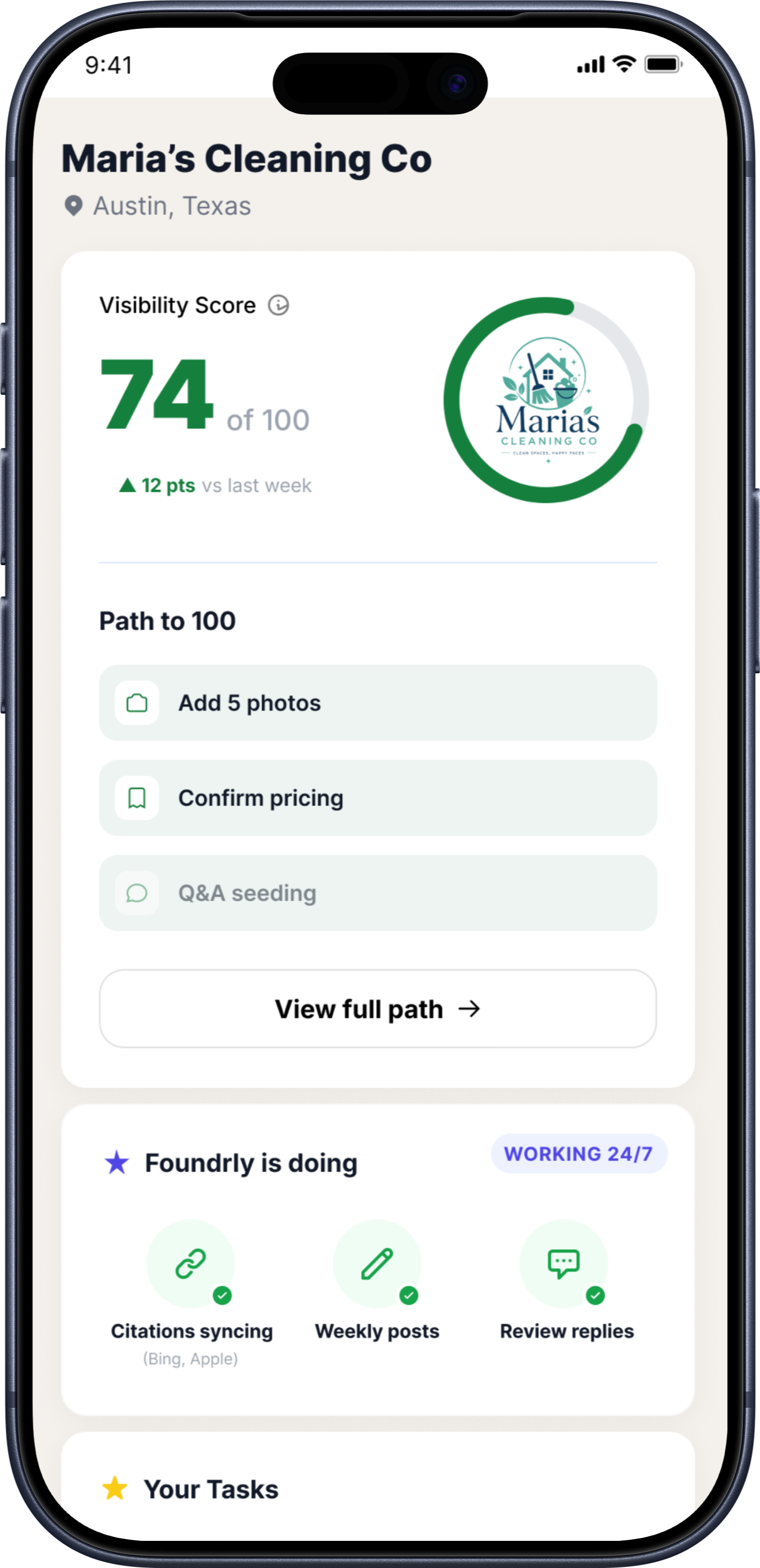Foundrly daily operating brief — visibility score and path to 100
