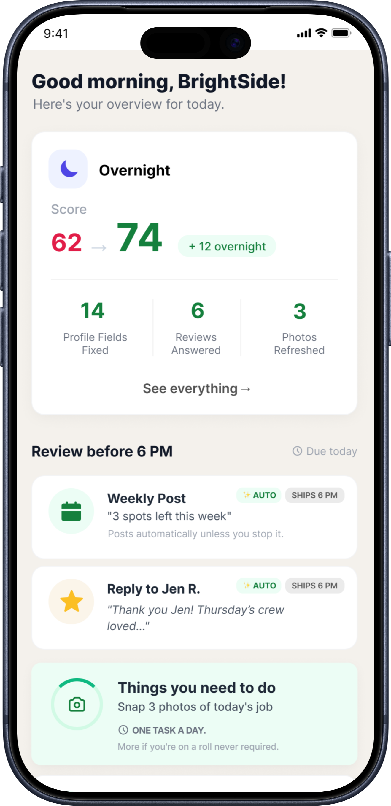 Foundrly visibility report — overnight score and today's tasks