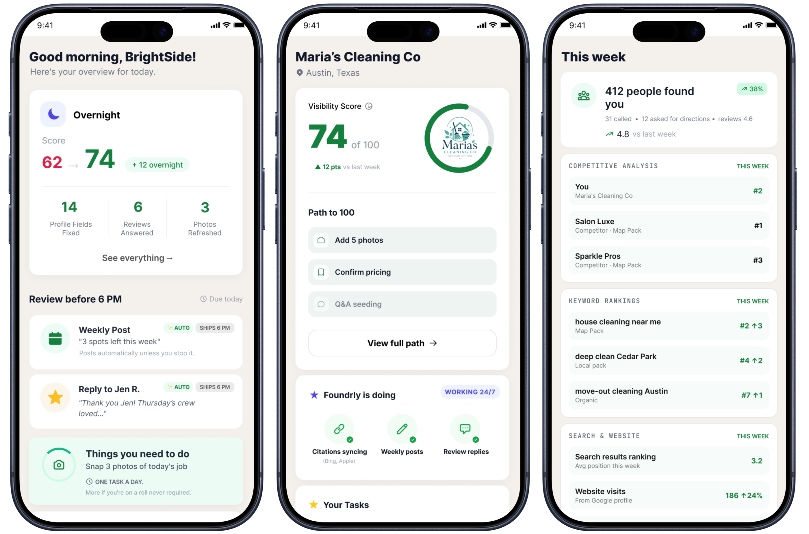 Foundrly app screens — visibility report, daily brief, and local ranking